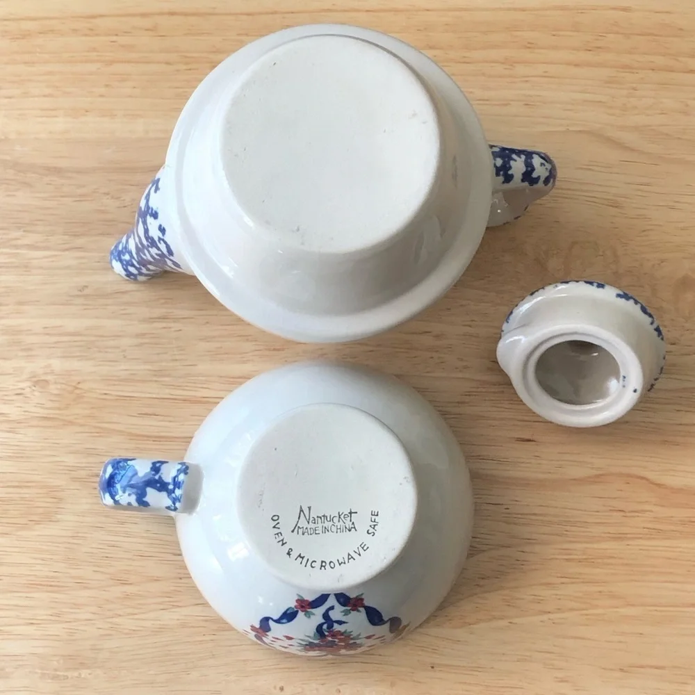Nantucket Country Hearts Stacking Tea Pot & Cup 16oz Tea for One Vintage Ceramic